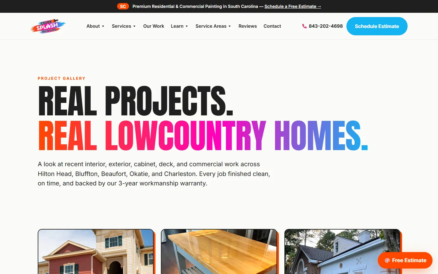 Project gallery page on colorsplash-painting.com showing real Lowcountry jobs