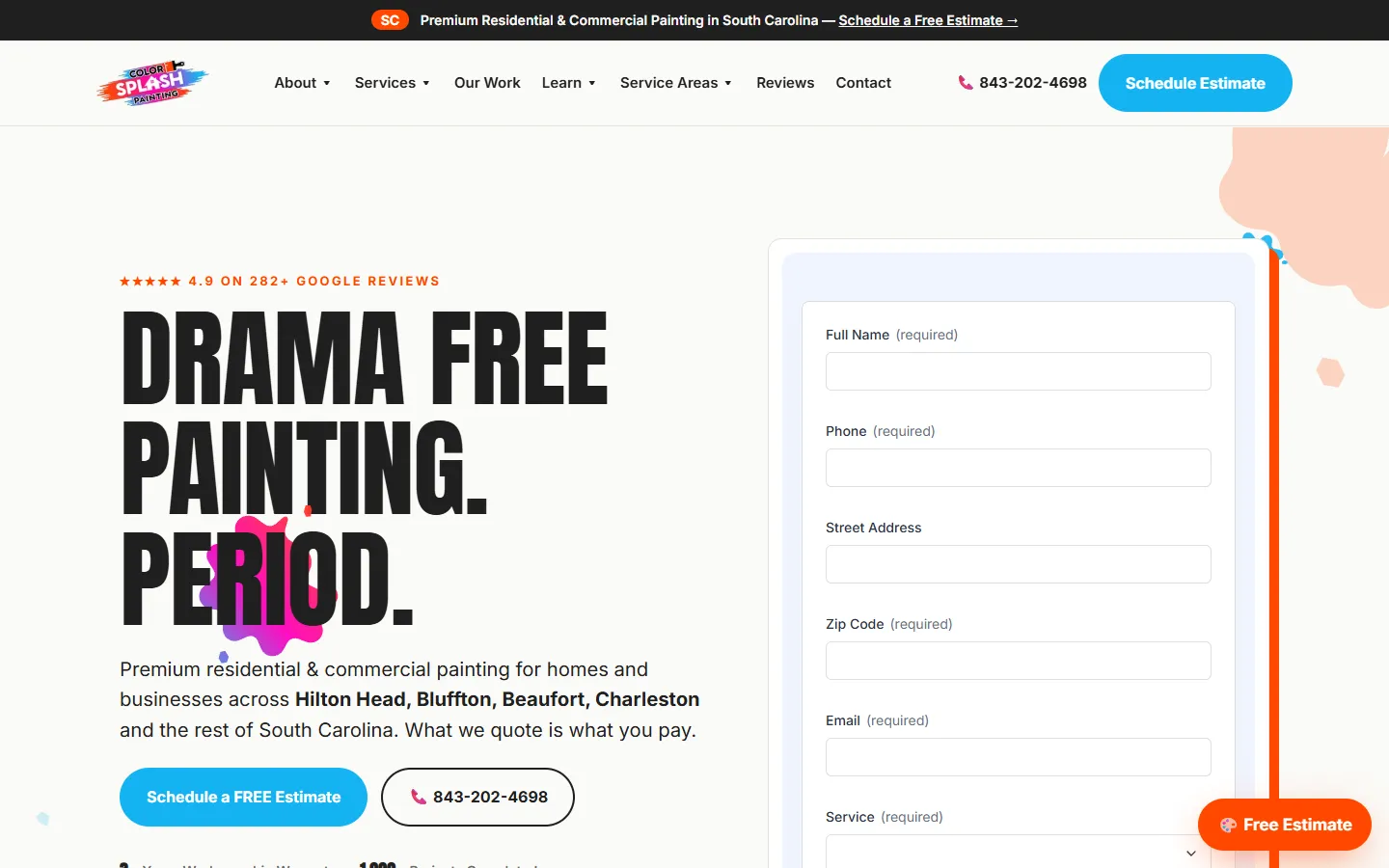 Color Splash Painting homepage — Drama Free Painting. Period. hero with estimate form