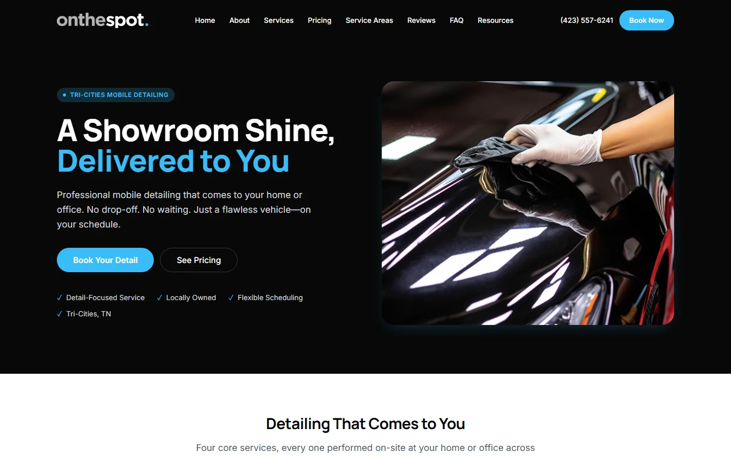 On The Spot Detailing homepage — the brand kit, built into the live site