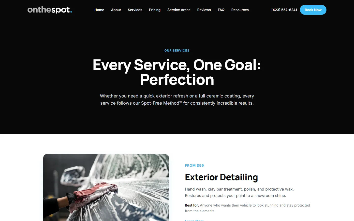 On The Spot Detailing website — services hub